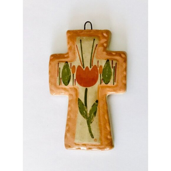 Small Hecho En Mexico Ceramic Cross Spring Tulip Orange Handmade 3" Wall Decor - Picture 2 of 6